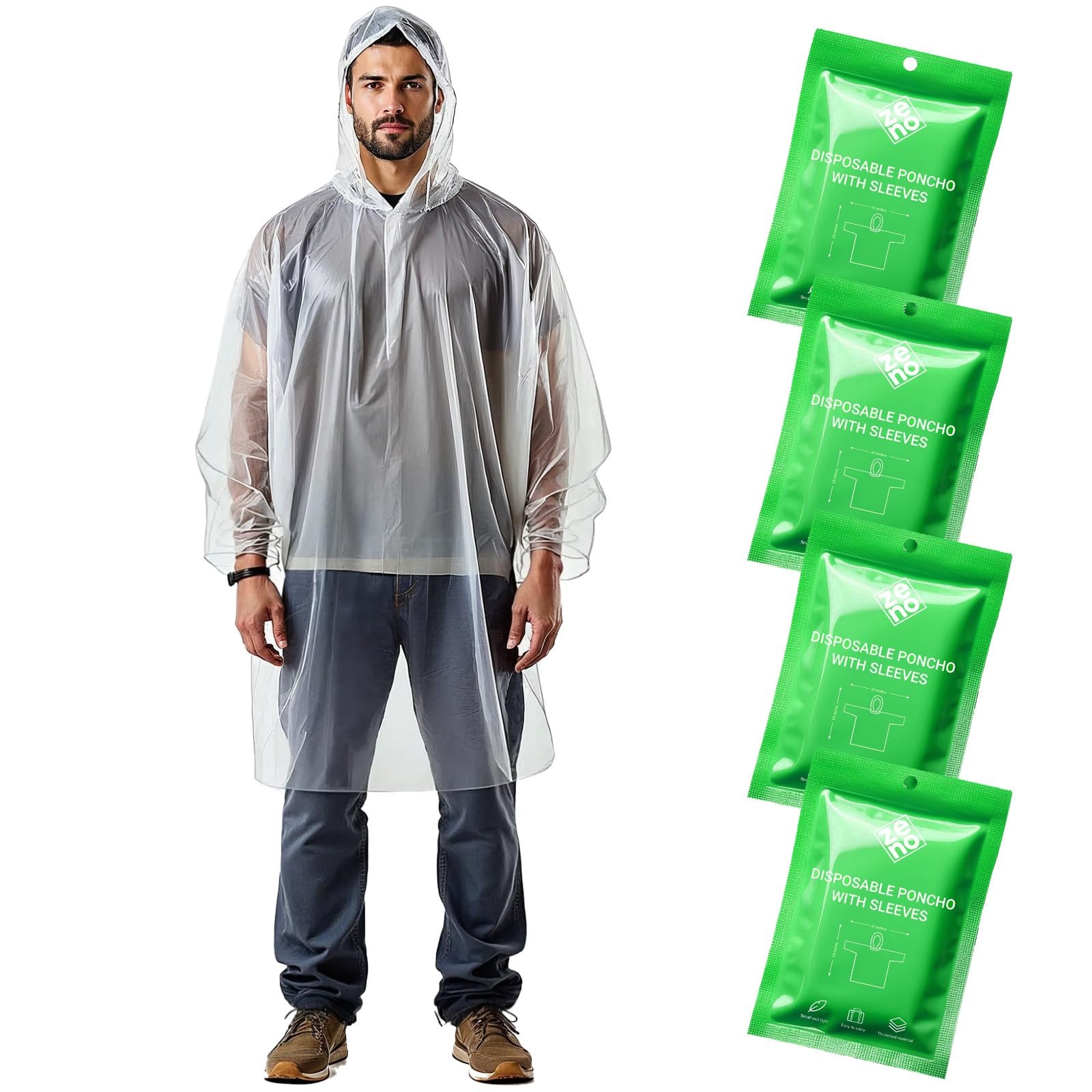 ZENO Disposable Rain Ponchos for Adults  Clear Ponchos with Sleeves & Hood, C...