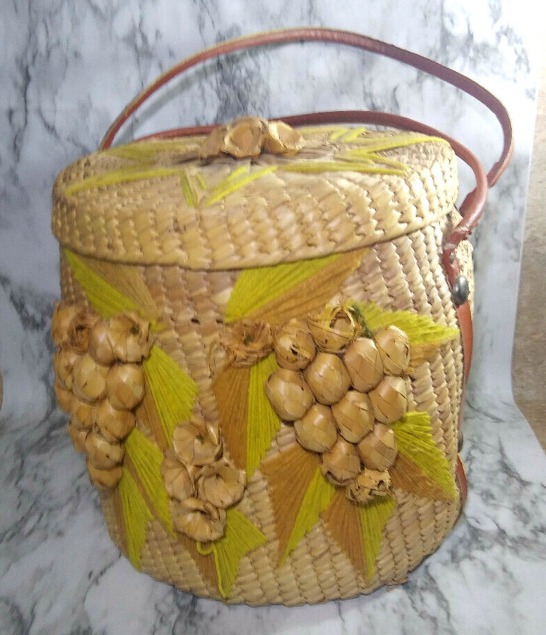 Vtg Woven Cylinder Basket W/ Handles Lid Grass Tight Weave Grapes 11" diam. 10"T