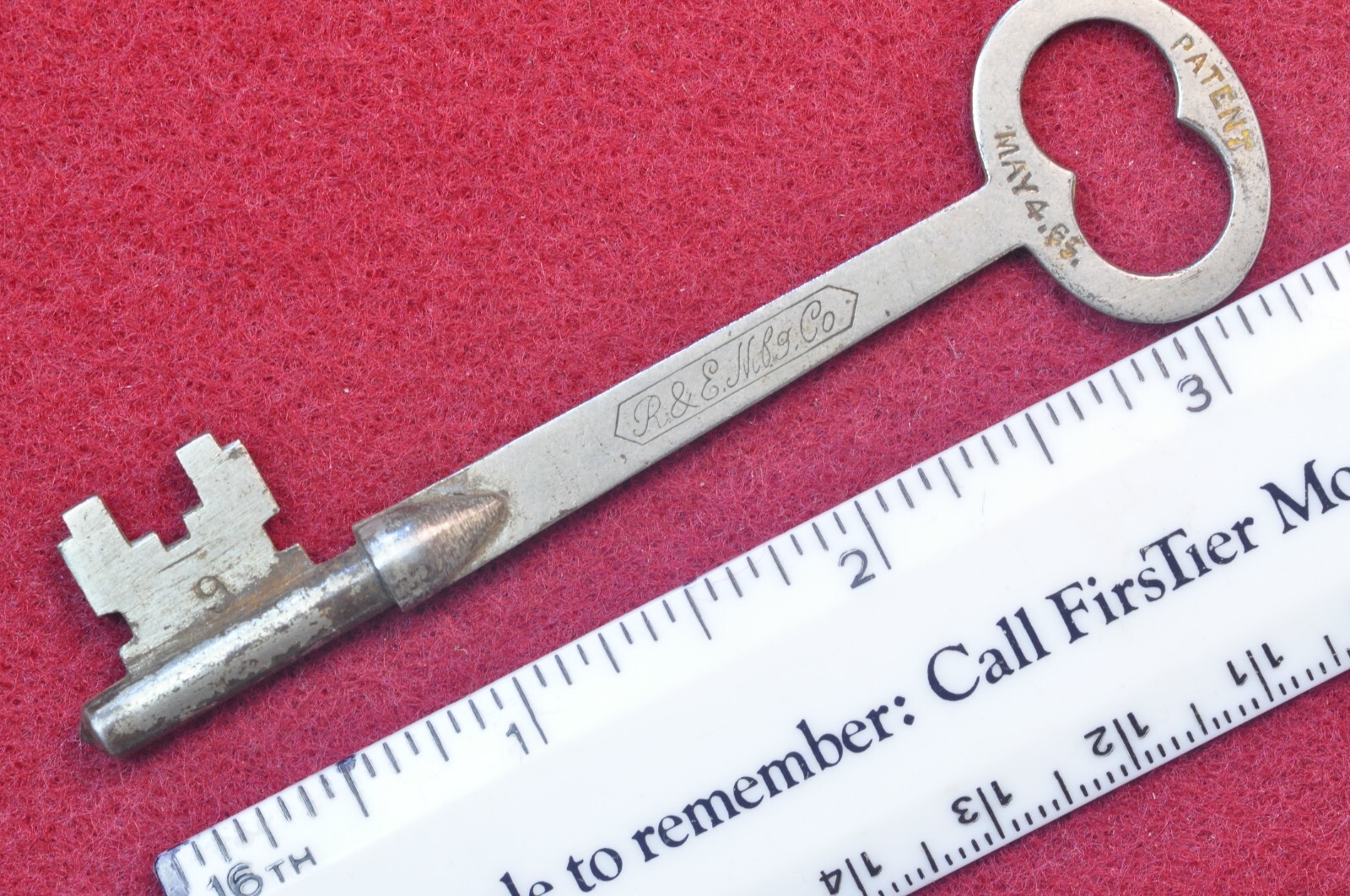 ANTIQUE  R.& E. Mfg. Co. CABINET DRAWER/DOOR KEY Patent May 4, (18) 65