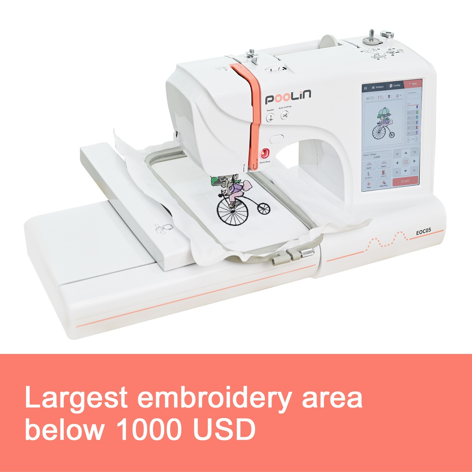 Poolin EOC05 4 x 9in Embroidery Machine Computerized 7in Large LCD Touch Screen