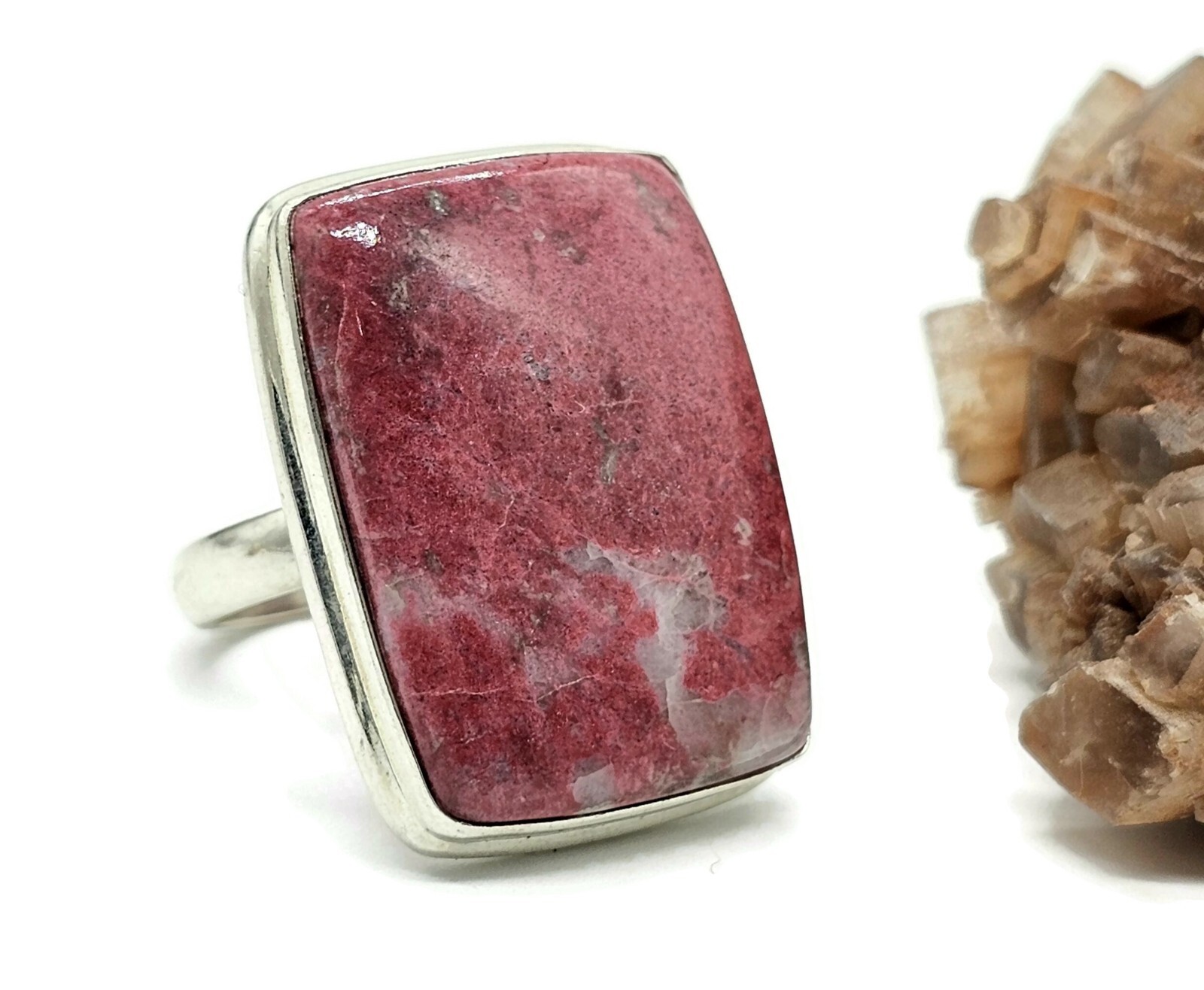 Rectangle Thulite Ring, size Q, Sterling Silver, Vibrant Pink Gemstone, Pink