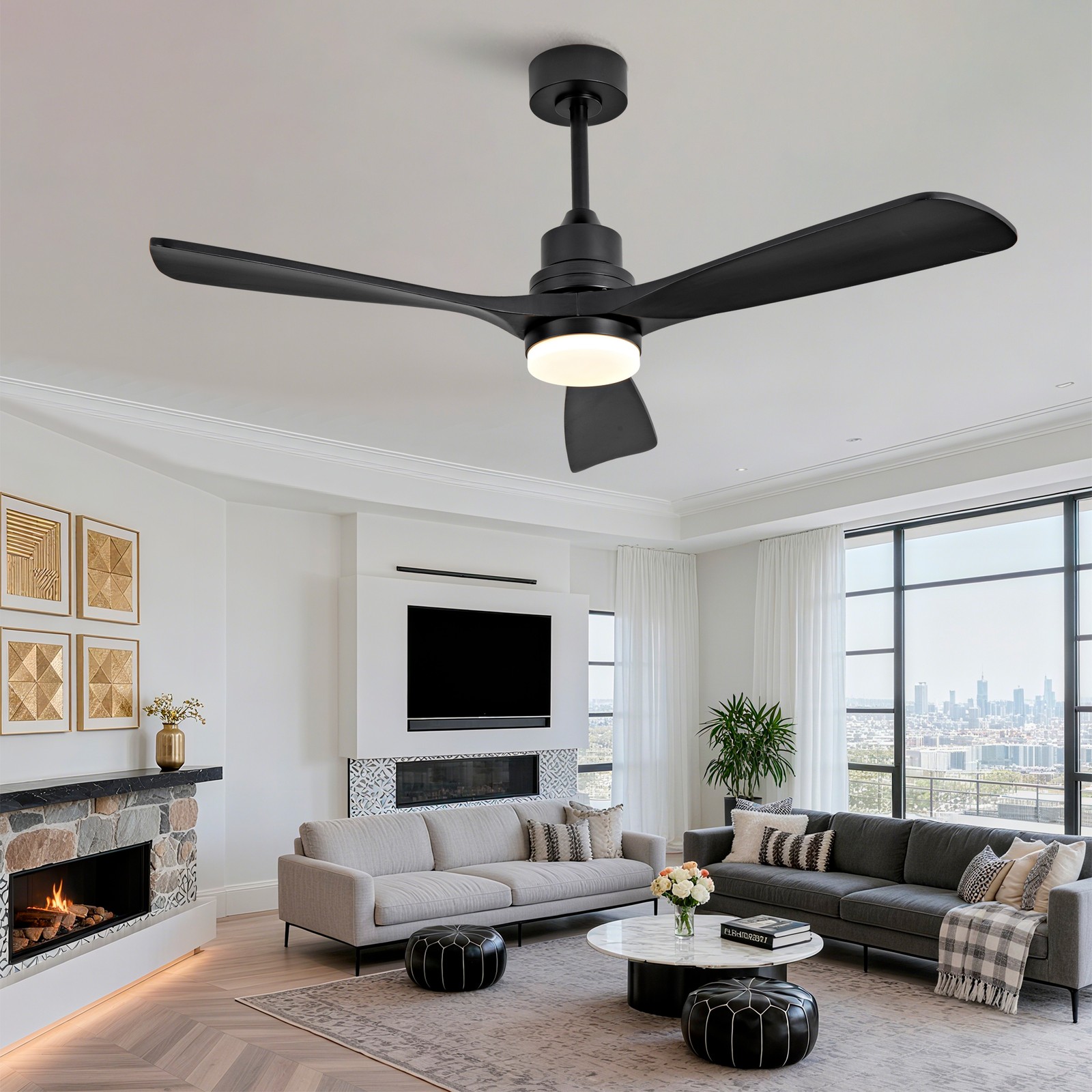 52" Modern Black Ceiling Fan With Light 3 Solid Wood Blades Remote Control