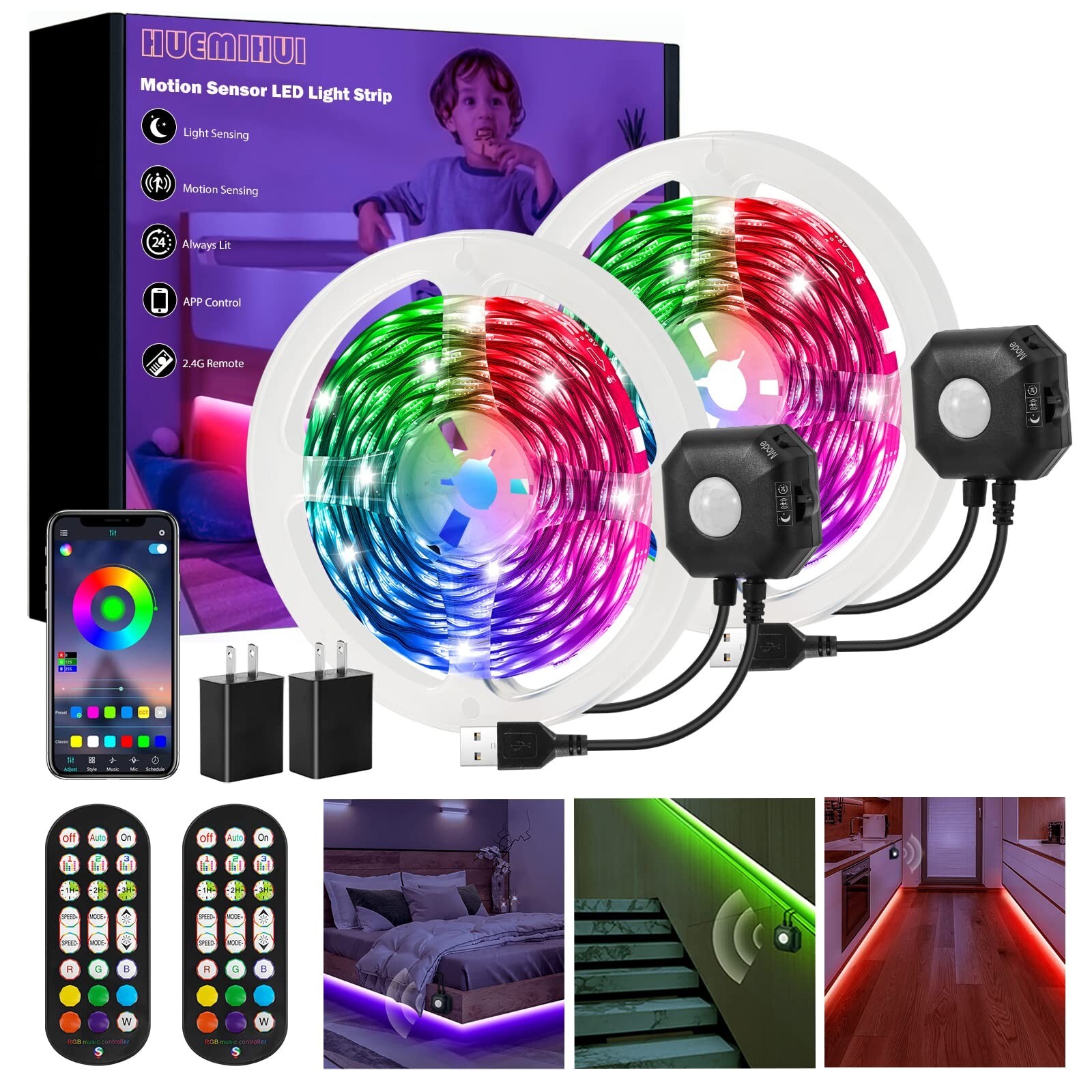 Motion Sensor Under Bed Lights,2x13.12Ft RGB Color LED Strip Lights with Cons...