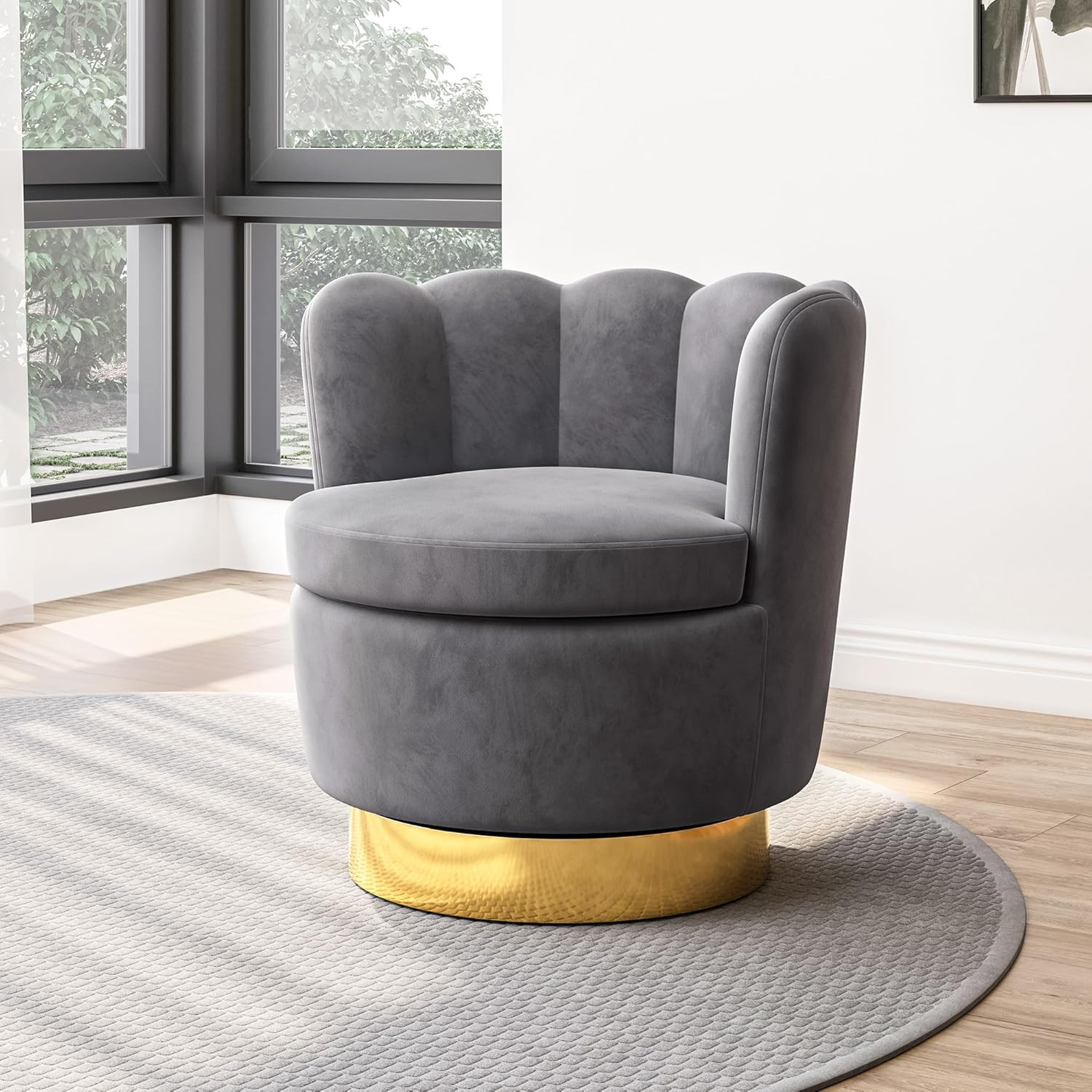 Set of 2 Modern Velvet Swivel Accent Chairs - Dark Grey Barrel Design