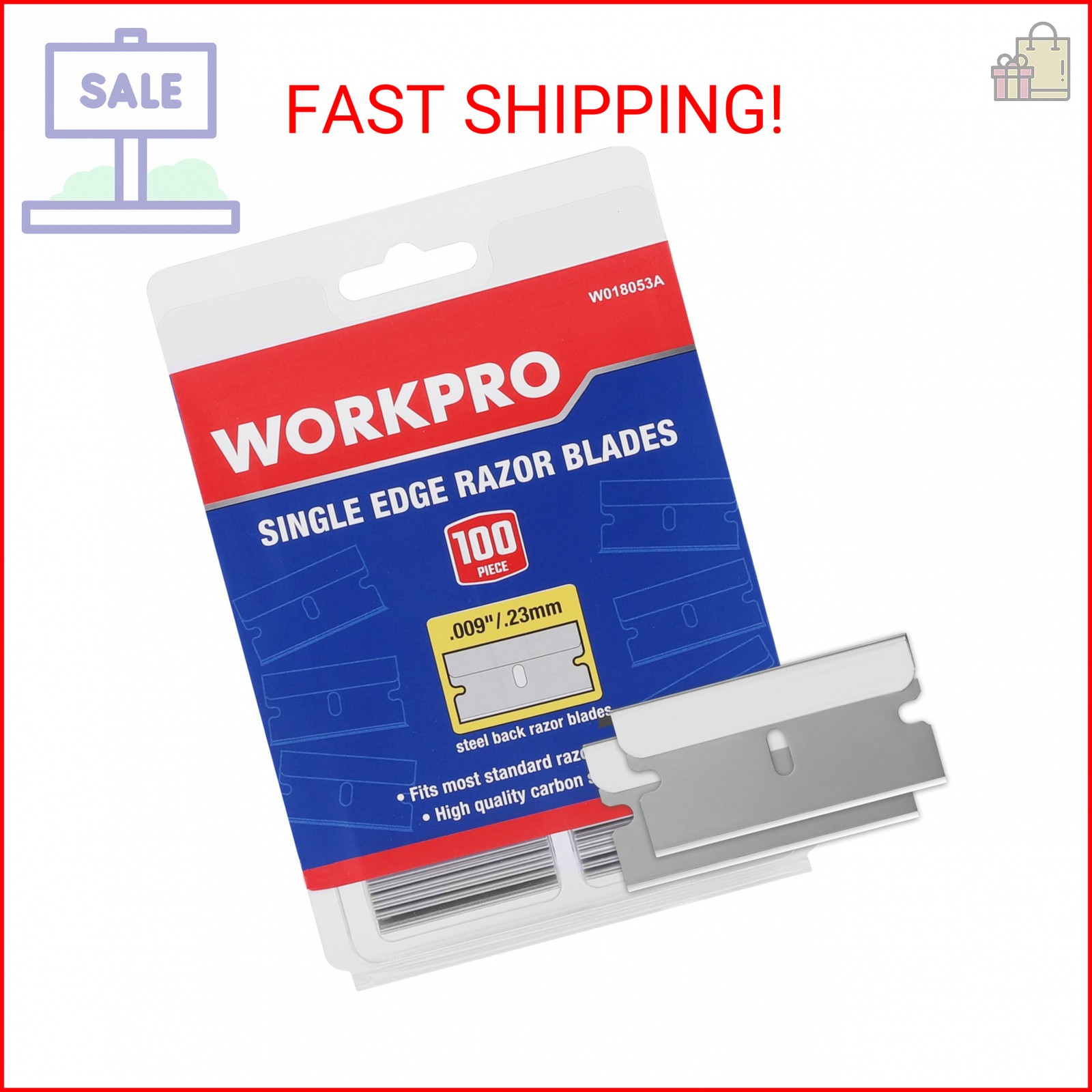 WORKPRO 100-Pack Single Razor Edge Blades, Industrial Scraper Blade, High Carbon