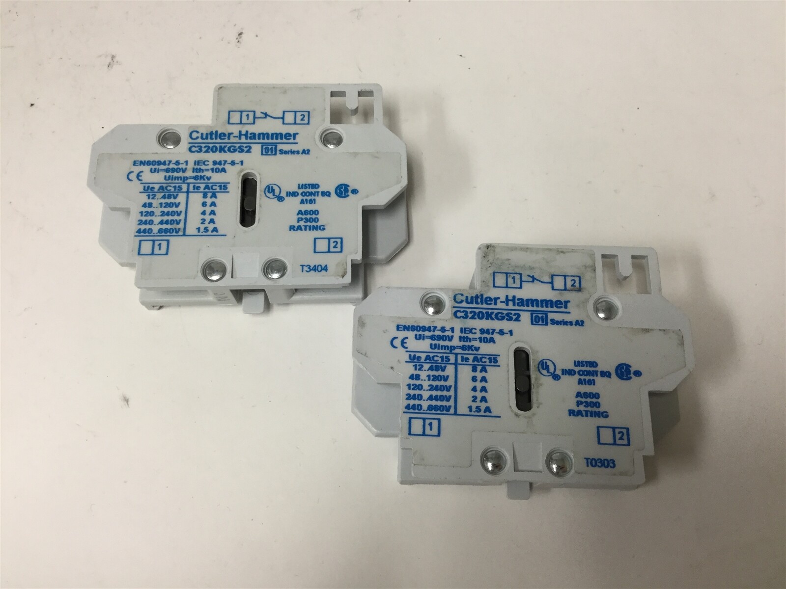 Lot of 2 Cutler Hammer C320KGS2 Auxiliary Contact Blocks, Normally Closed