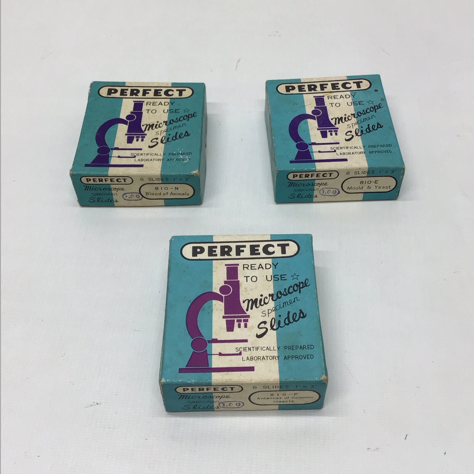 Vintage PERFECT MICROSCOPE SPECIMEN SLIDES 3 Boxes 18 Slides 810-E, N, & P