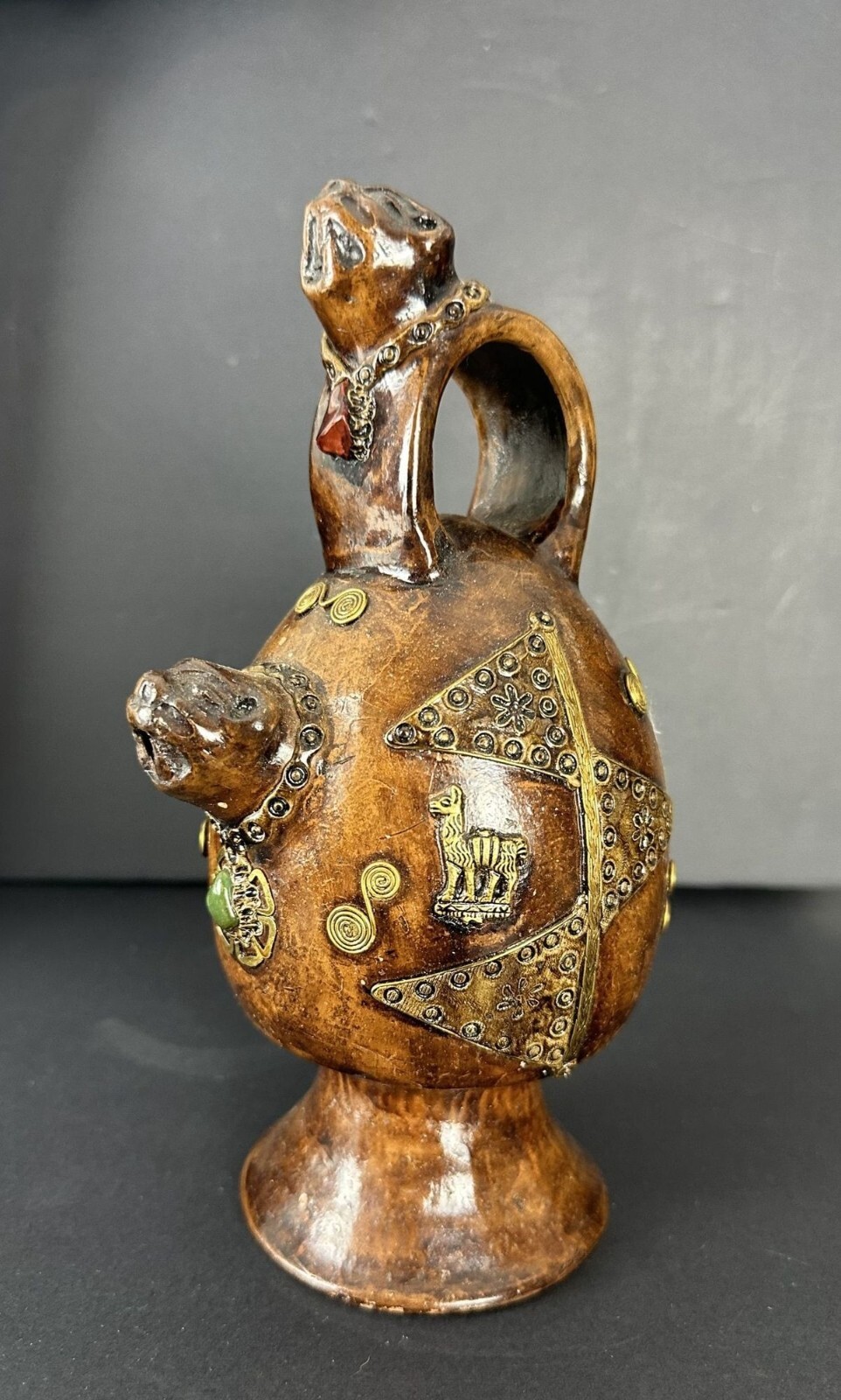 Peru Inca Jaguar Clay Jug Vessel Gem Stones Metal Folk Art RARE Pedestal No Stop