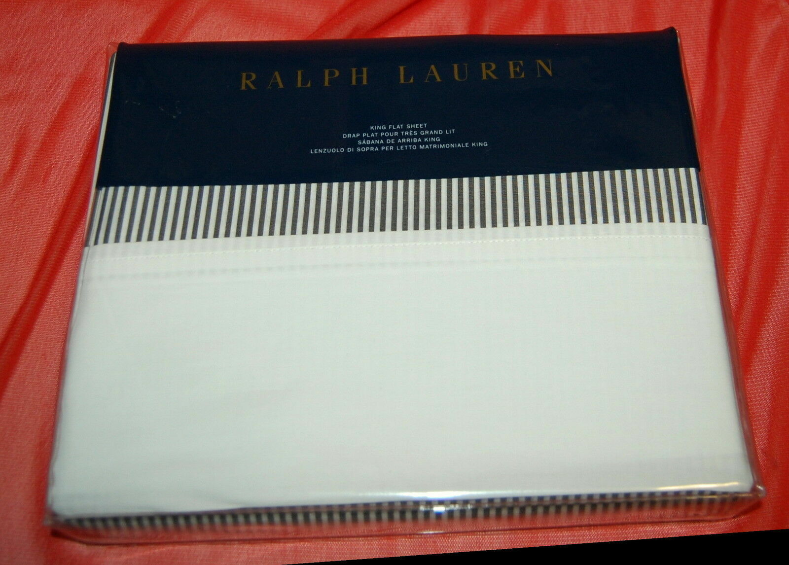 NIB RALPH LAUREN Archival Collection King Flat bed Sheet polo navy stripe $185