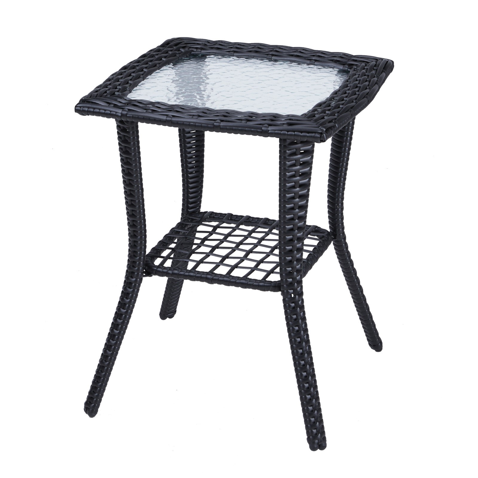 Outdoor Patio Coffee Table Side Table with 2-Tier Storage Shelf PE Wicker Table