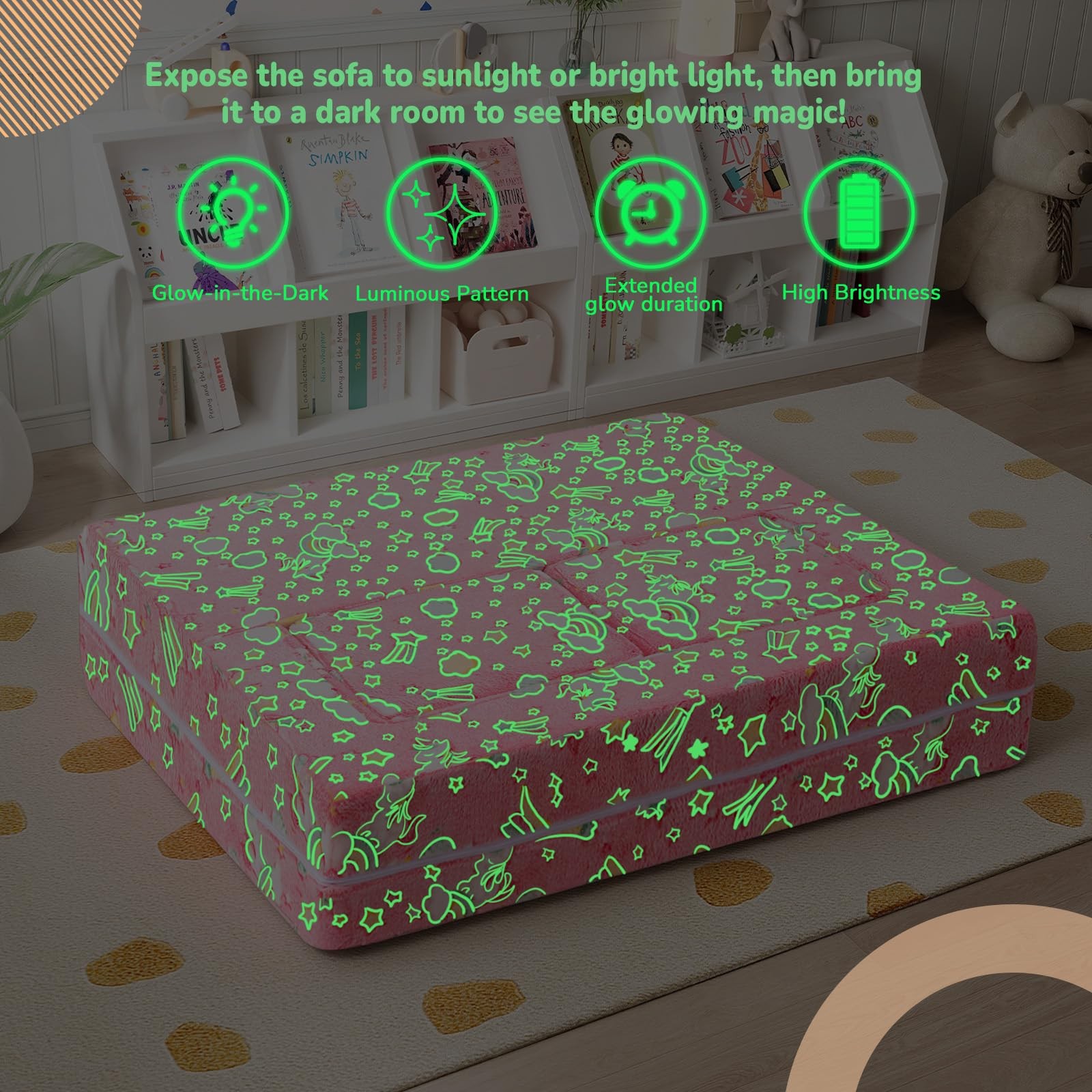 Colorful Unicorn Glow-in-the-Dark Kids Play Couch, Modular Toddler Couch that...