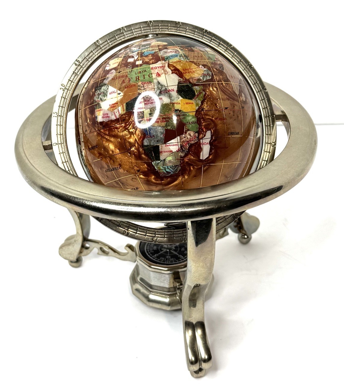 Vtg Kalifano Rotating Copper Amber Opalite Gemstone Globe Silver Stand