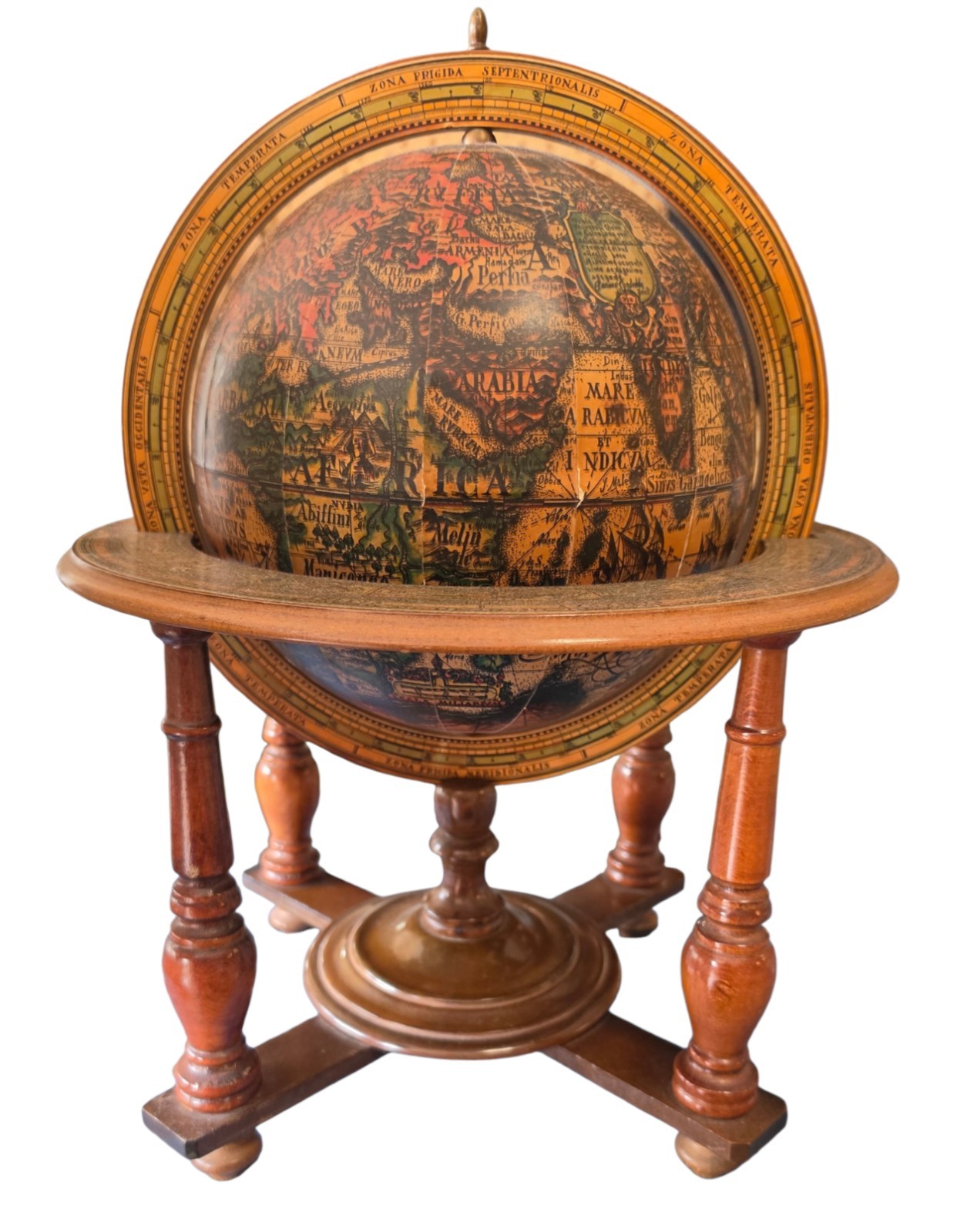 Vintage Made In Italy 16" Zodiac Globe Wooden Stand Tabletop Old World Decor