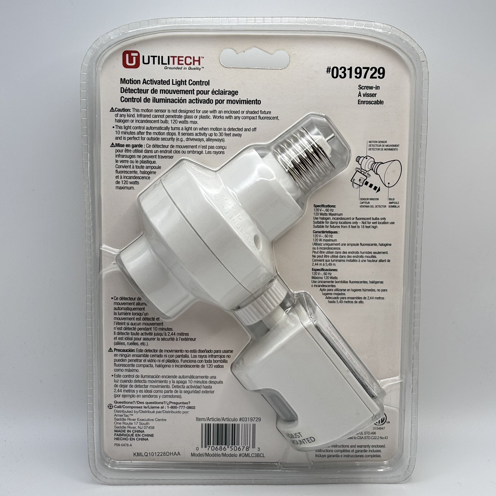 UTILITECH Motion Activated Light Control | Model 0319729 | 180 Degree Detection