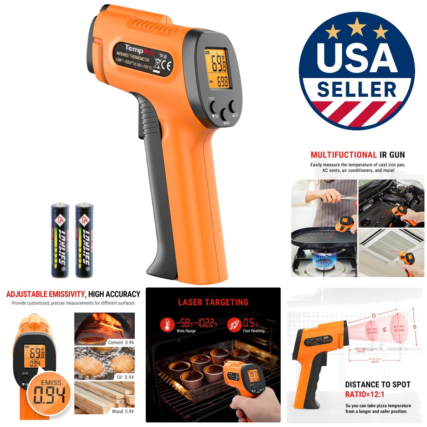 TP30 Laser Infrared Thermometer Gun - Cooking & Auto Maintenance, -58°F ~ 1022°F