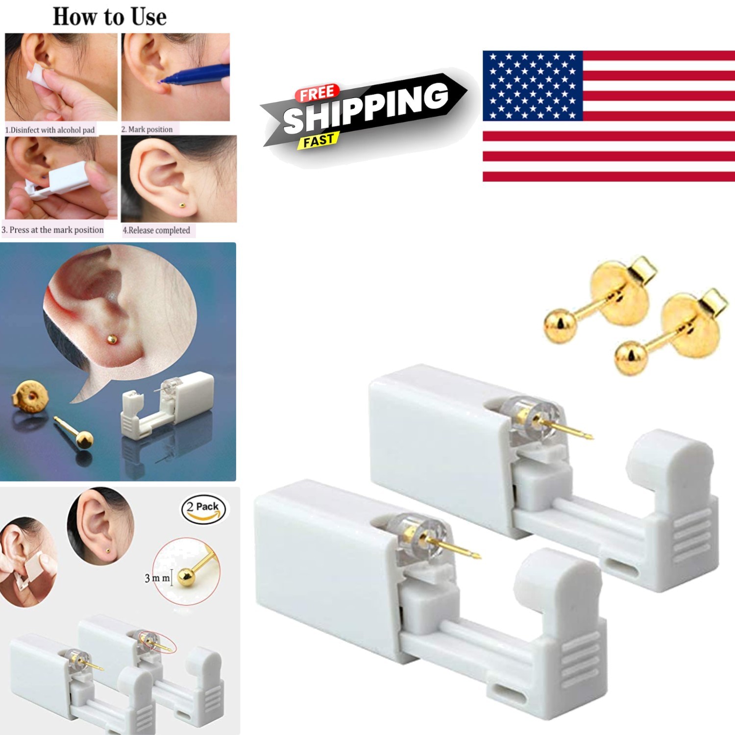 Ear Piercing Gun Kit 2 Pack Disposable with Gold Peas Studs for Safe Piercing