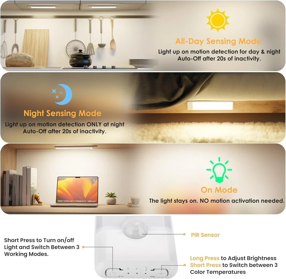 5-Pack LED Under Cabinet Lights, Rechargeable Motion Sensor, 3 Color Dimmable