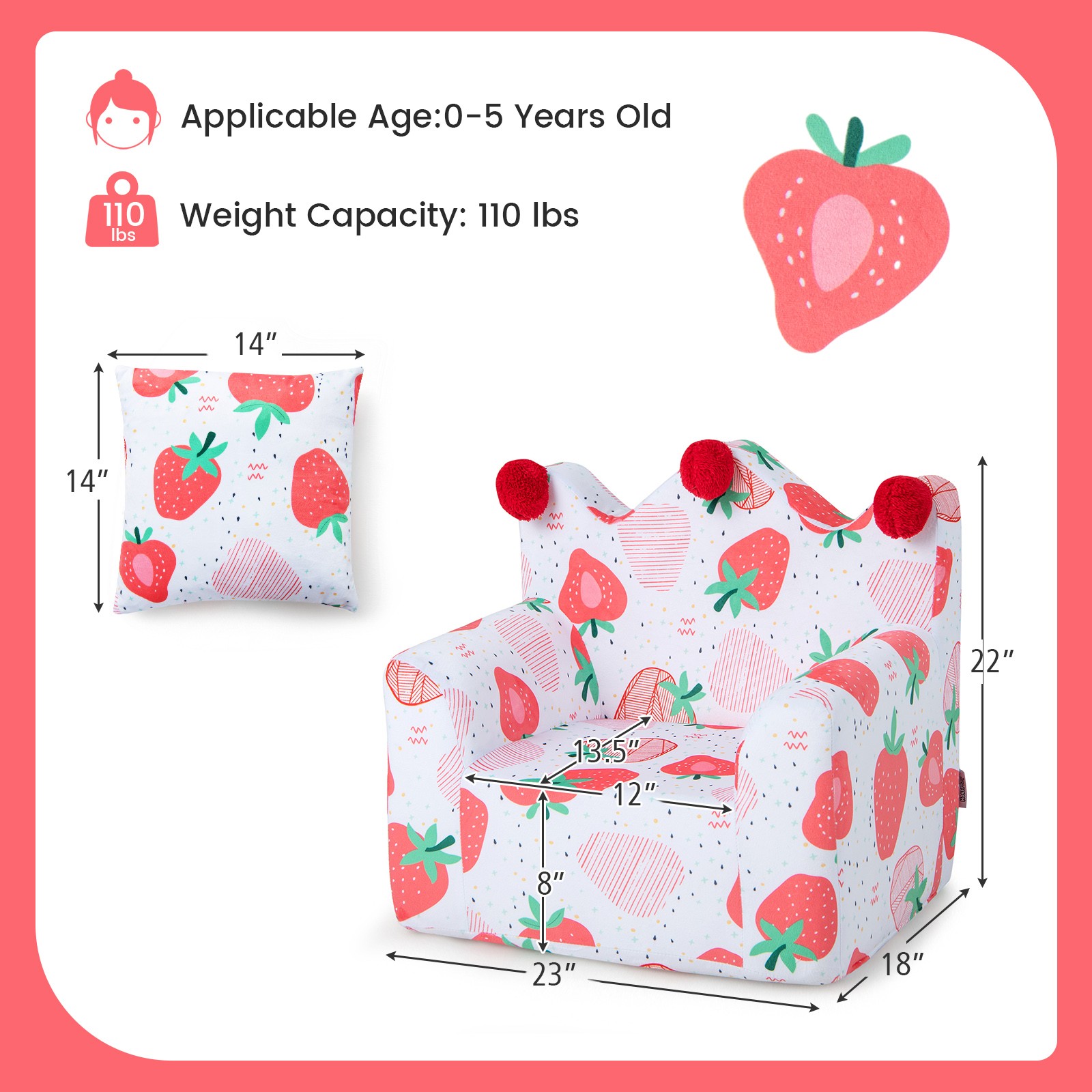 Kids Sofa Chair Foam Filled Armchair Strawberry Toddler Couch w/ Cover & Pillow