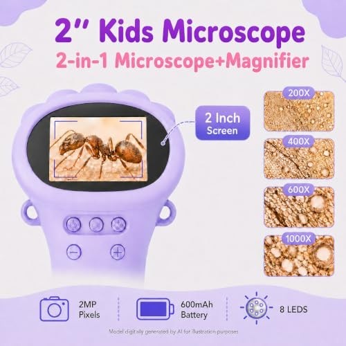 1000X Kids Microscope Handheld Camera, 2'' Screen Wonder Quest Microscope Camera