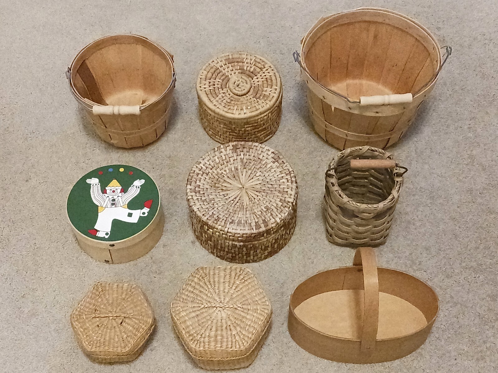 Lot of 9 Wood and Woven Wood Baskets Including 5 with Lids and 4 with Handles