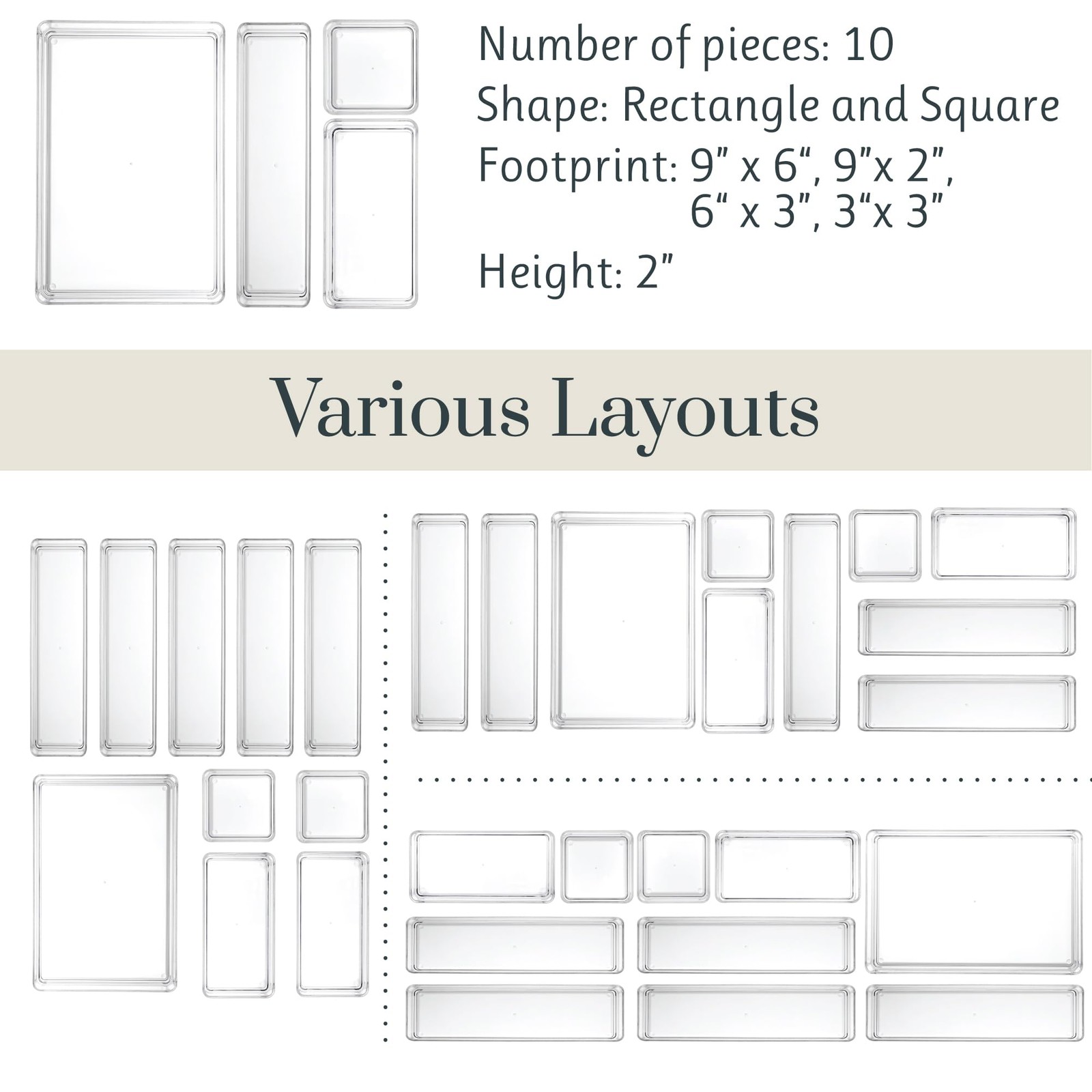 SimpleSort 10-Piece Stackable Clear Drawer Organizer Set | Multi-size Trays |...