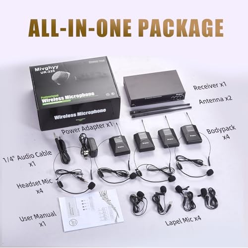 Wireless Microphones System with UHF Headset/Lavalier Lapel Mics, 4 Bodypack