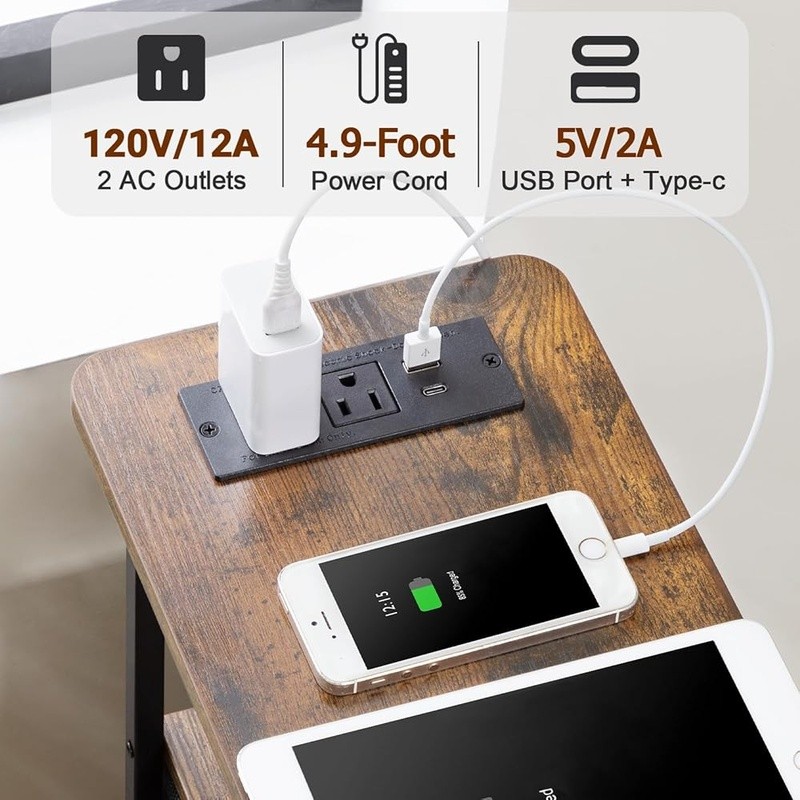 Slim End Table W/ Charging Station USB Ports Storage Drawers Small Spaces