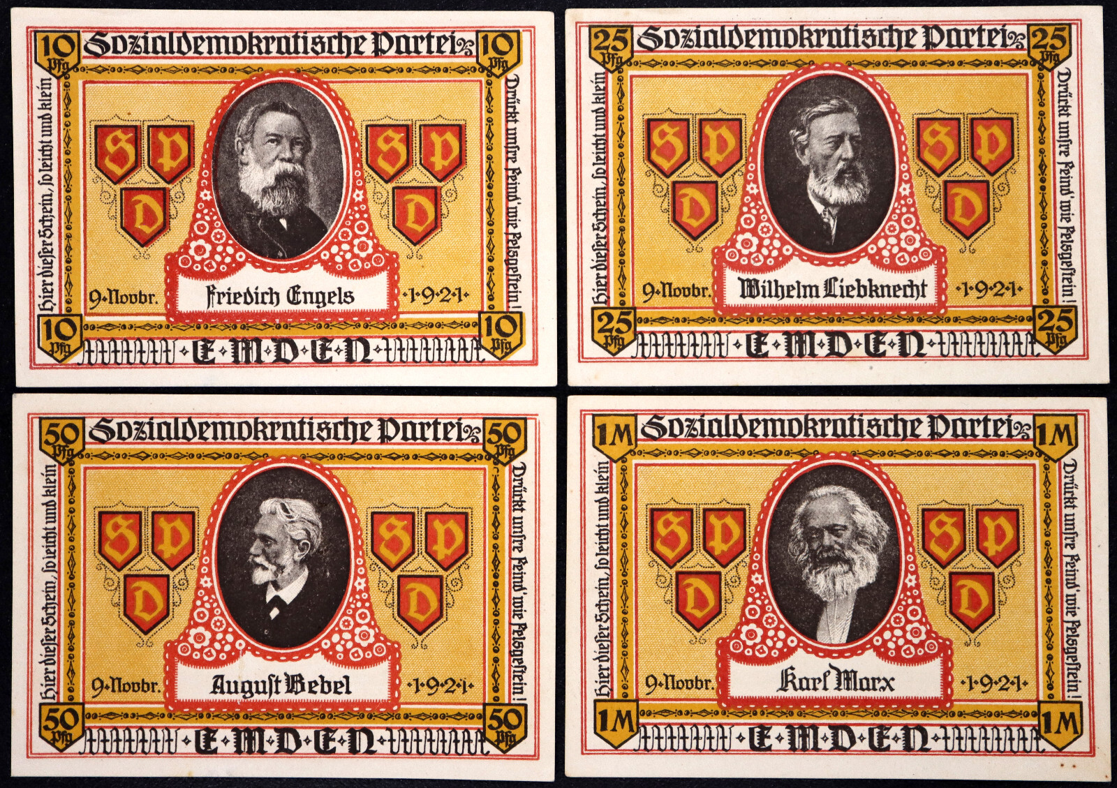 EMDEN 1921 XX-RARE "SPD: Marx Engels Bebel Liebknecht" Complete Series Notgeld