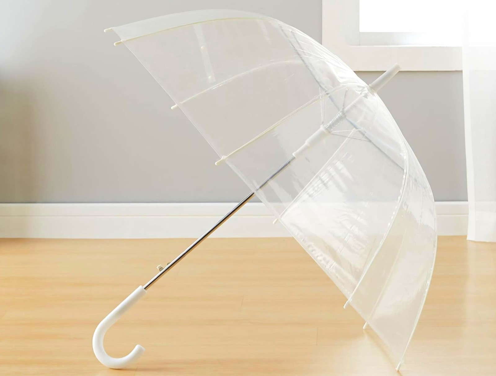 6 Clear Bubble Dome Umbrellas w/ White Hook Handle, Plastic, Women’s