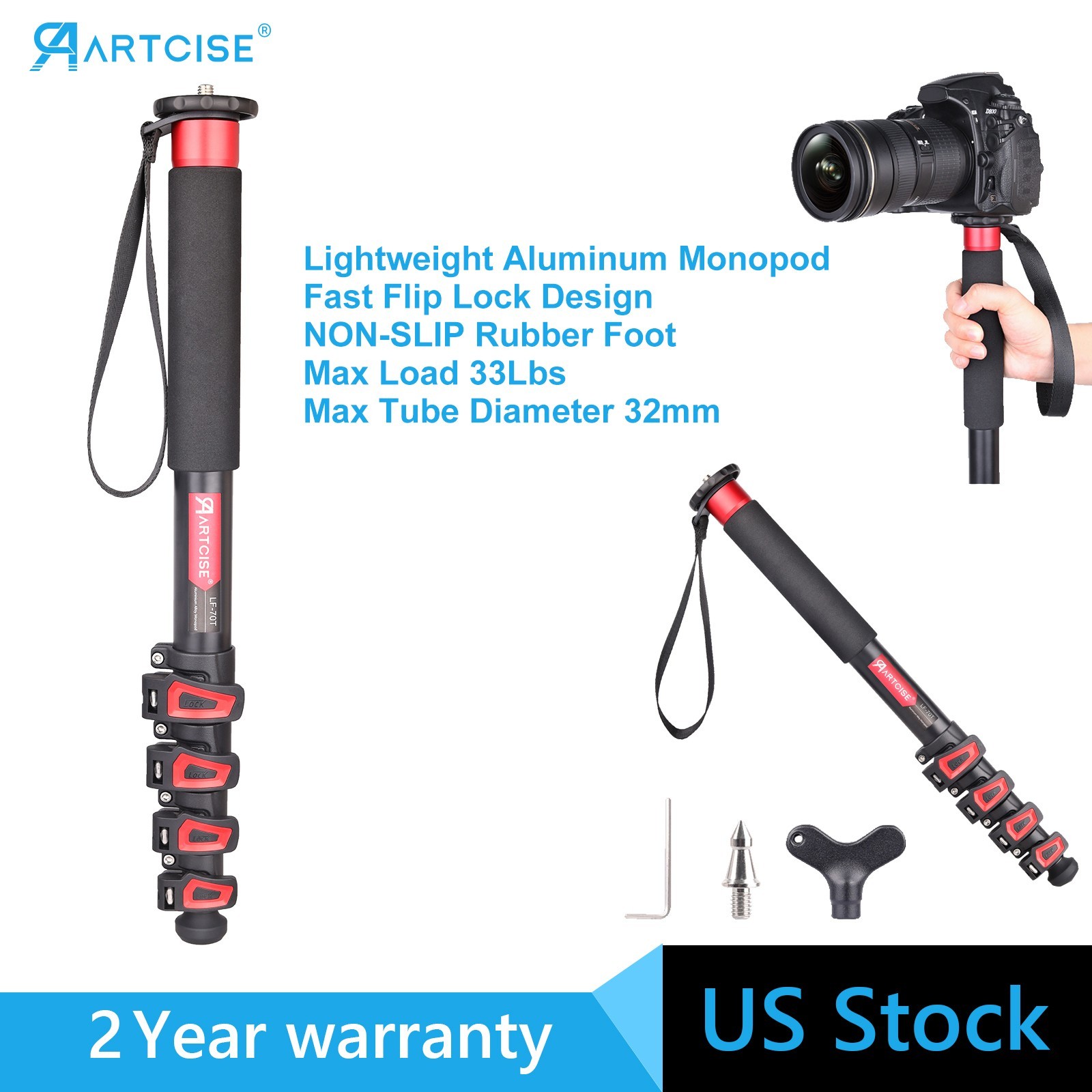 5-Section Monopod Aluminum Monopod 67" Camera Video Monopod Flip Lock Unipod