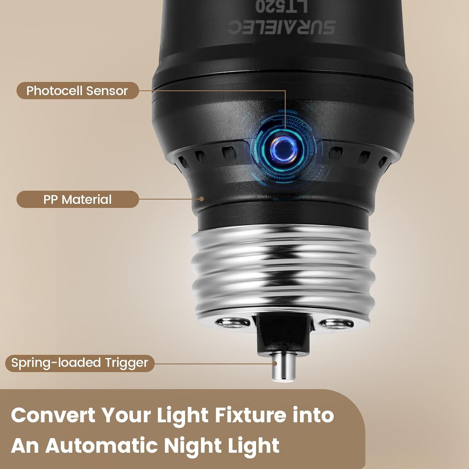Suraielec Light Sensor Socket, Automatic Dusk to Dawn Light Socket with 2 Pack