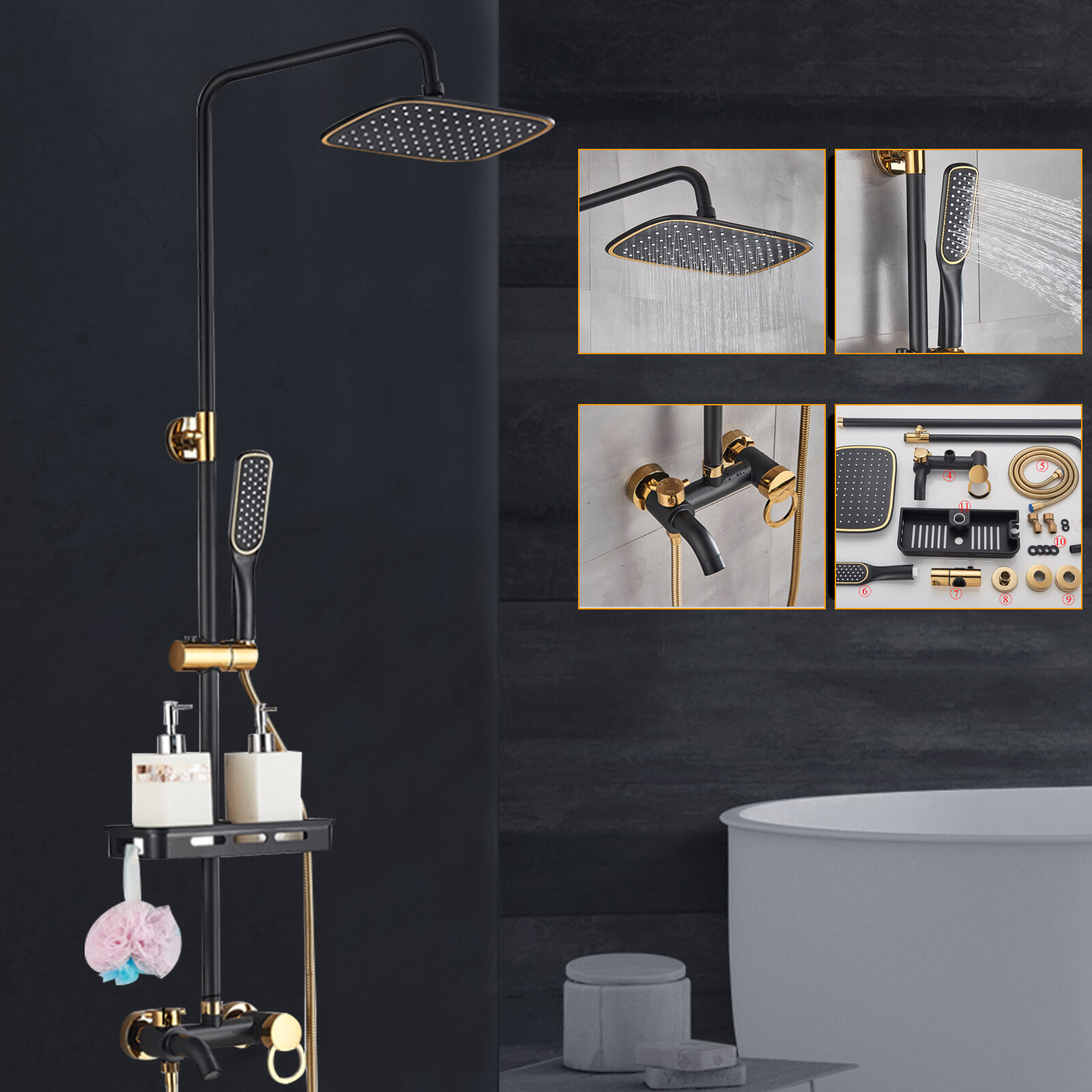 Shower Faucet Set System Rainfall Shower Head Combo w/Mixer Valve Kit Wall Mount