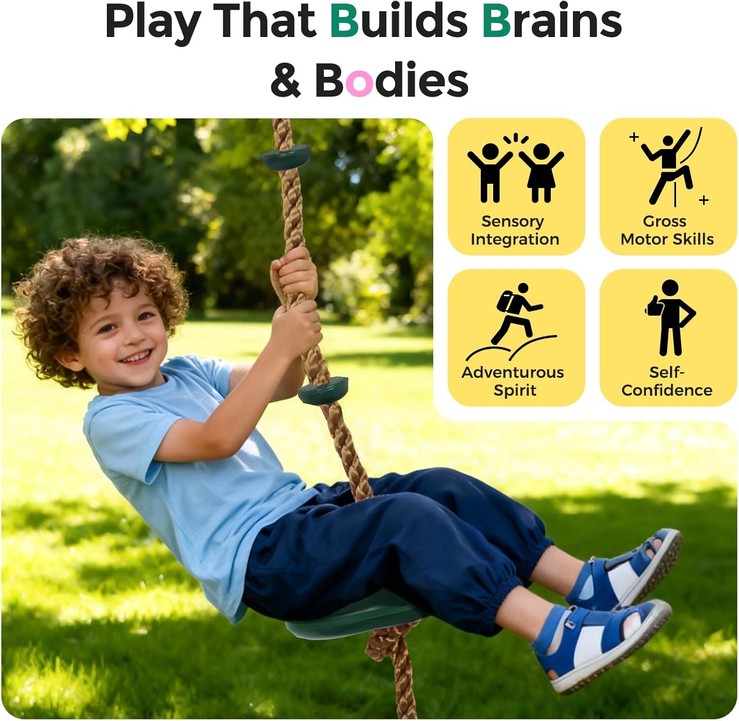 DECORLIFE Tree Swing for Kids Climbing Rope Disc Swing with Platforms Green