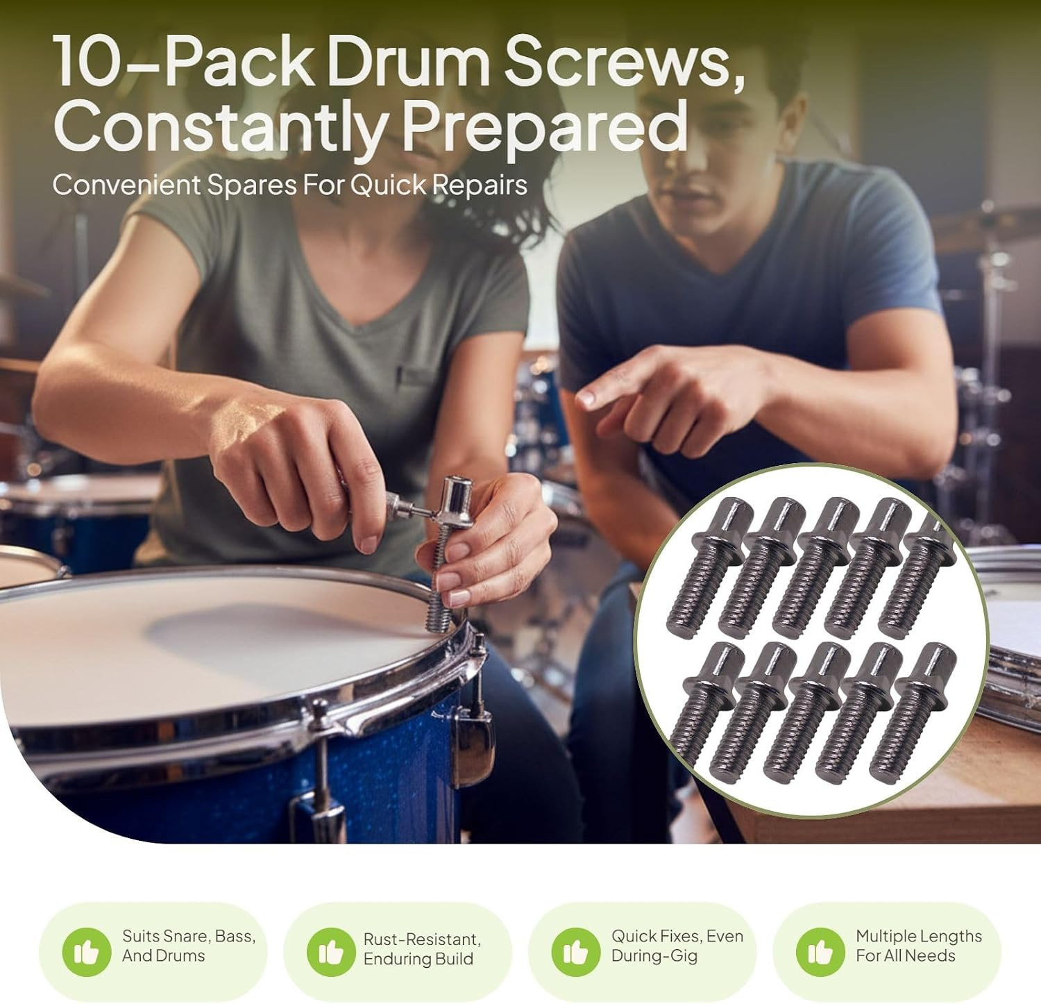 10 Pieces Drum Tension Rods Smooth Deep Thread Strong Short Screws Percussion Ha