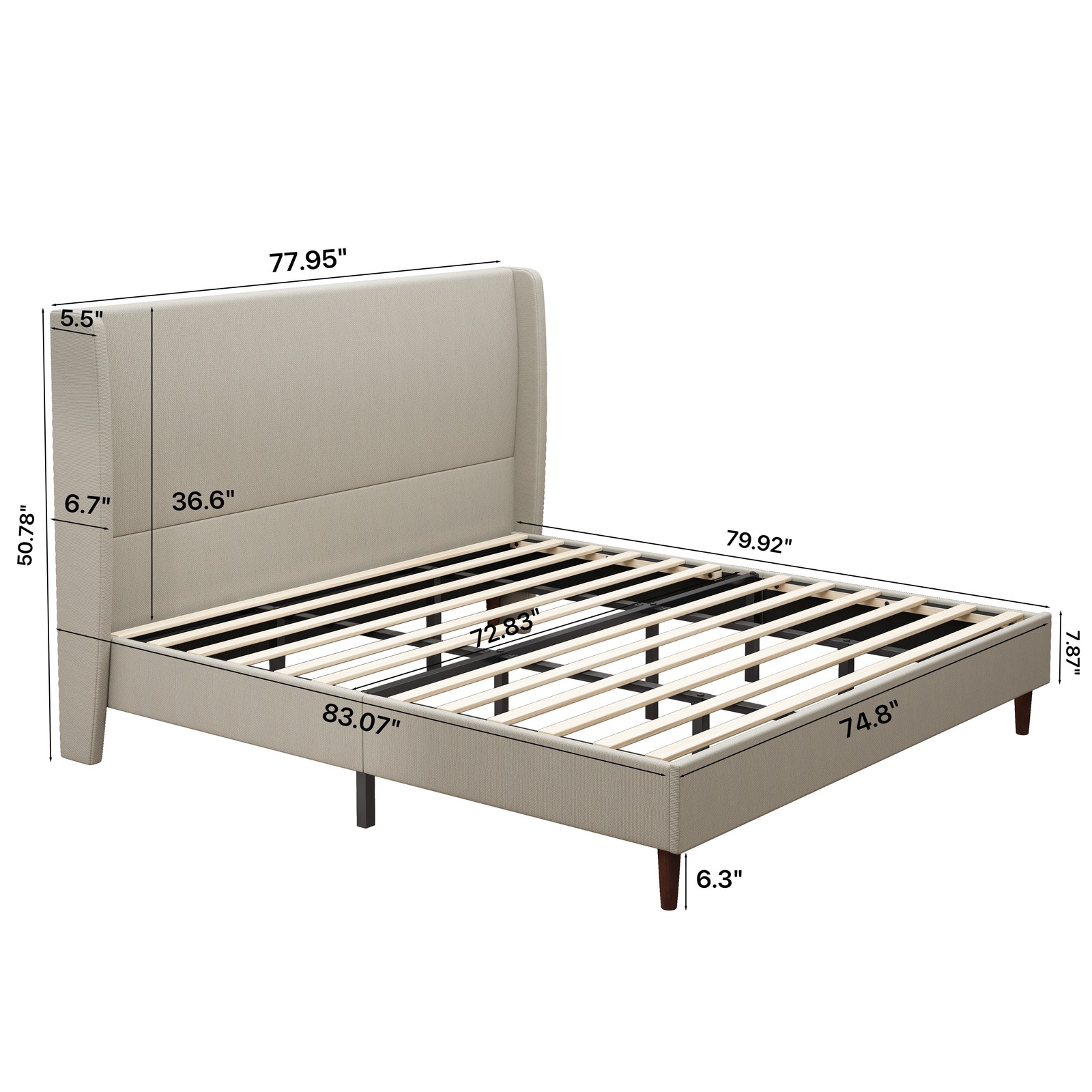 High Headboard Upholstered Bed,Beige, Linen Cloth, Platform Bed
