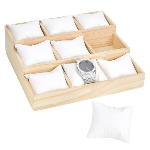 Wooden Watch Tray, 3-Tier 9 Grids Watch Organizer Stepped Jewelry Tray