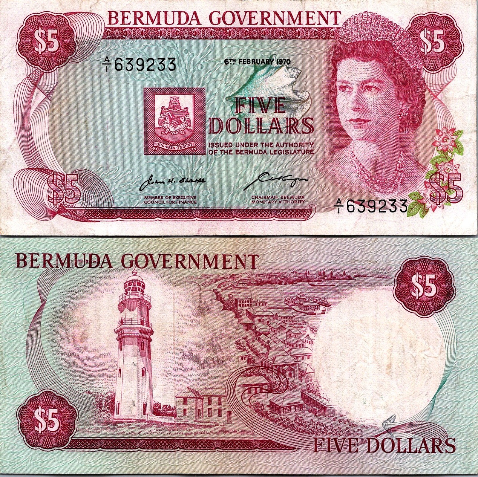 Bermuda 5 Dollars 1970 Pick# 24a XF