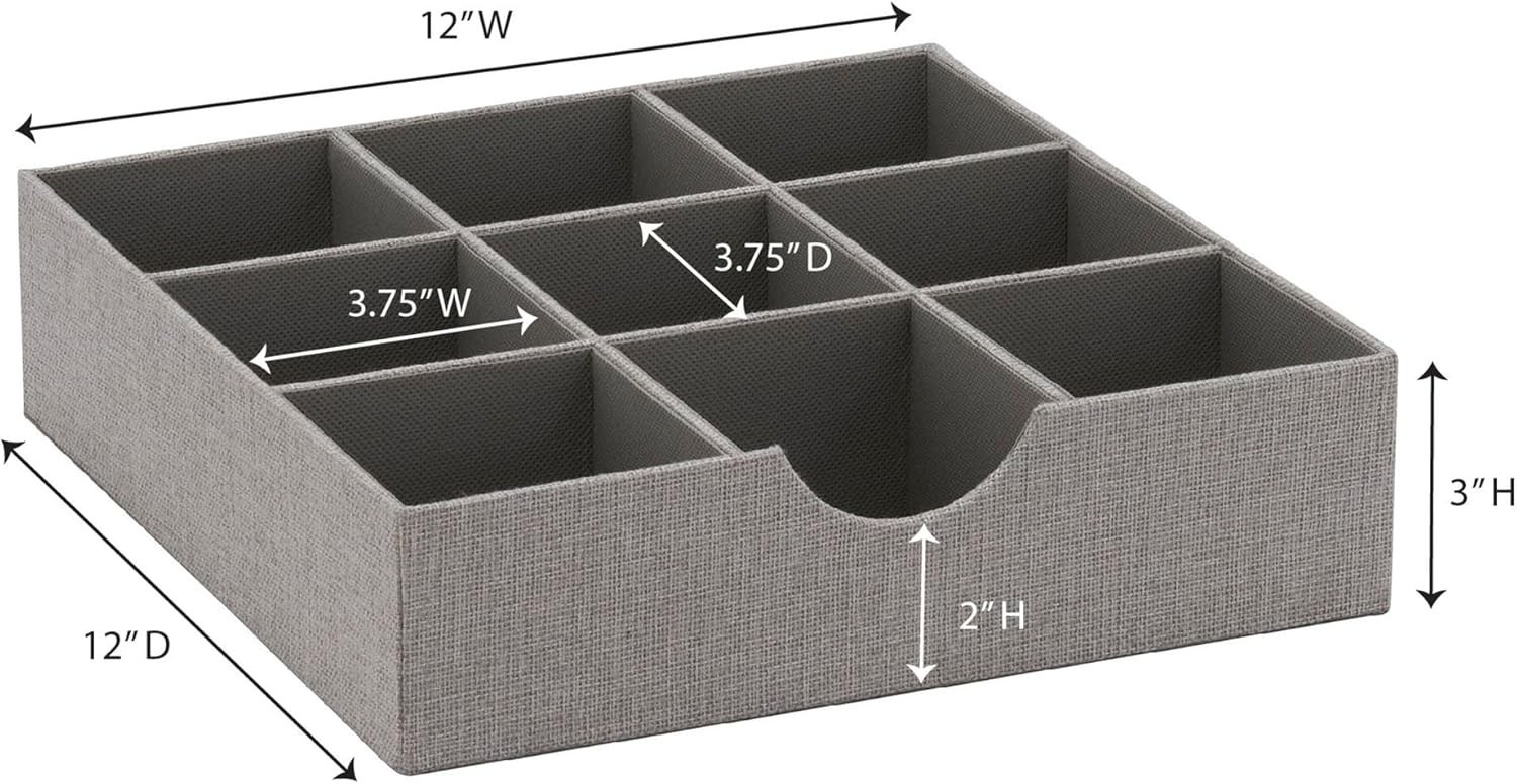 Grey 9-Compartment Fabric Drawer Organizer, 12" x 12" - Elegant Storage Solution