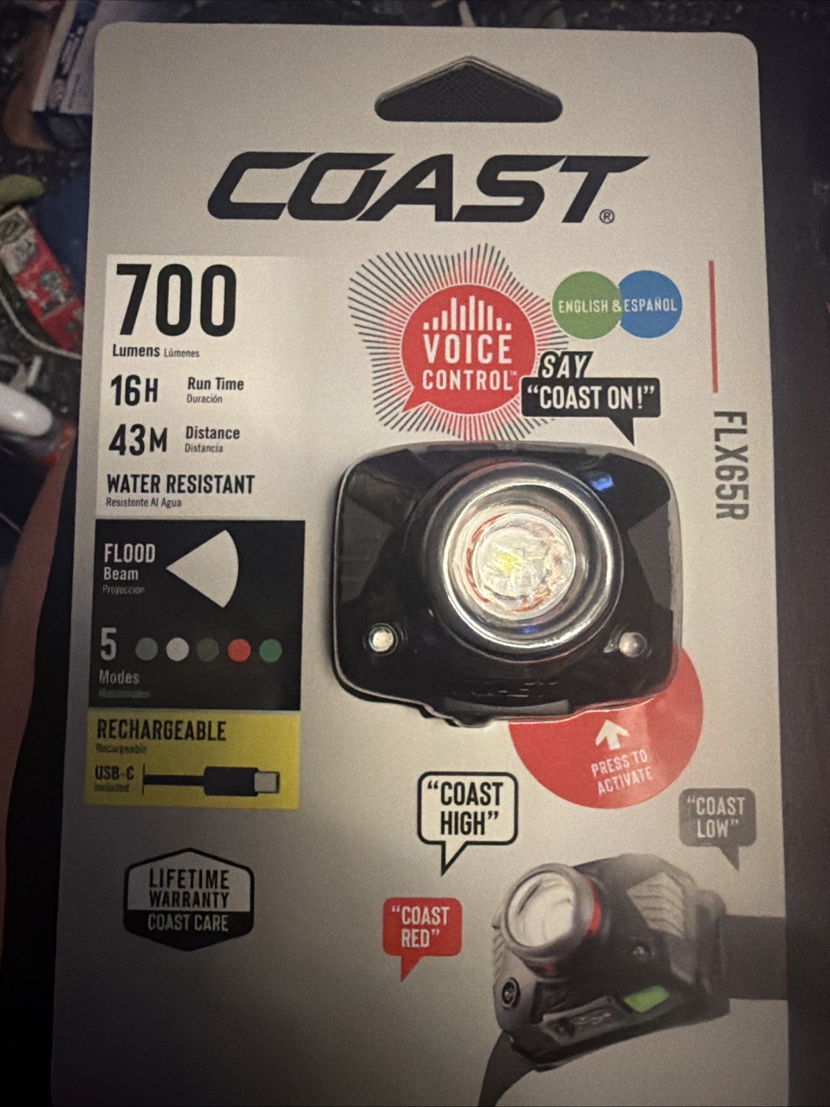 Coast FLX65R 700 Lumen Bilingual Voice Control Rechargeable LED Headlamp NEW