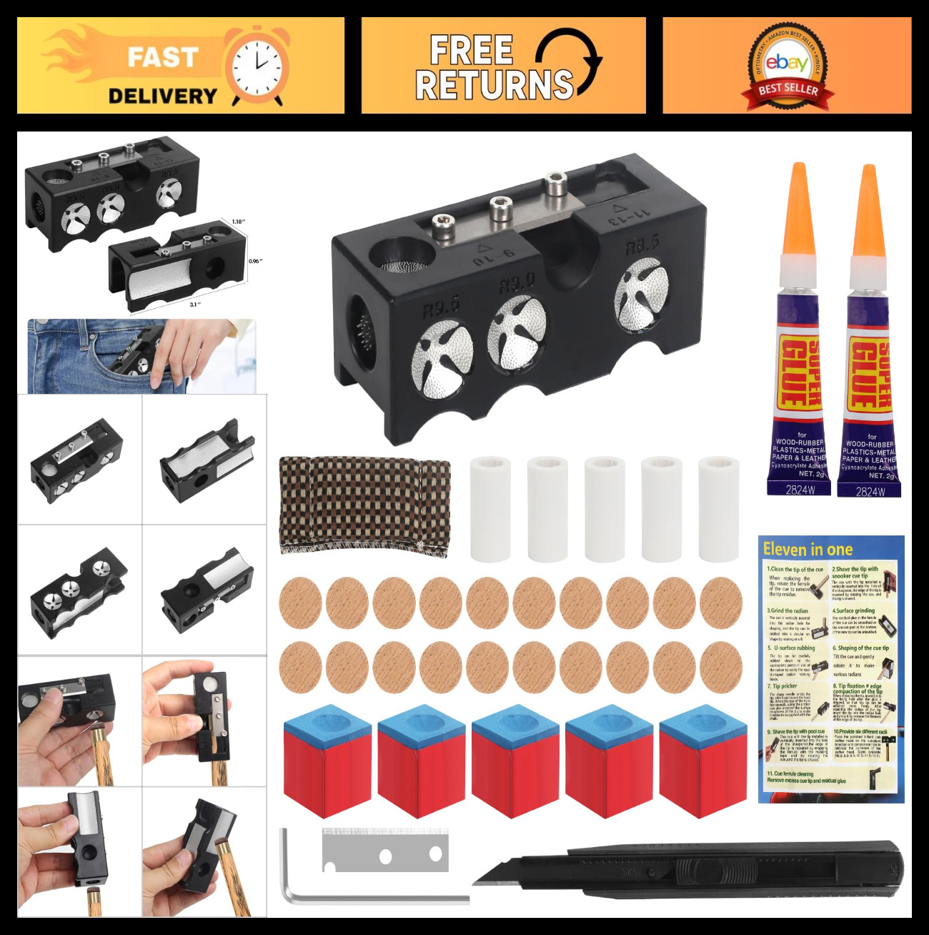 11-in-1 Pool Cue Tip Replacement Kit - 20 Tips & 5 Chalks, Billiards Repair Tool