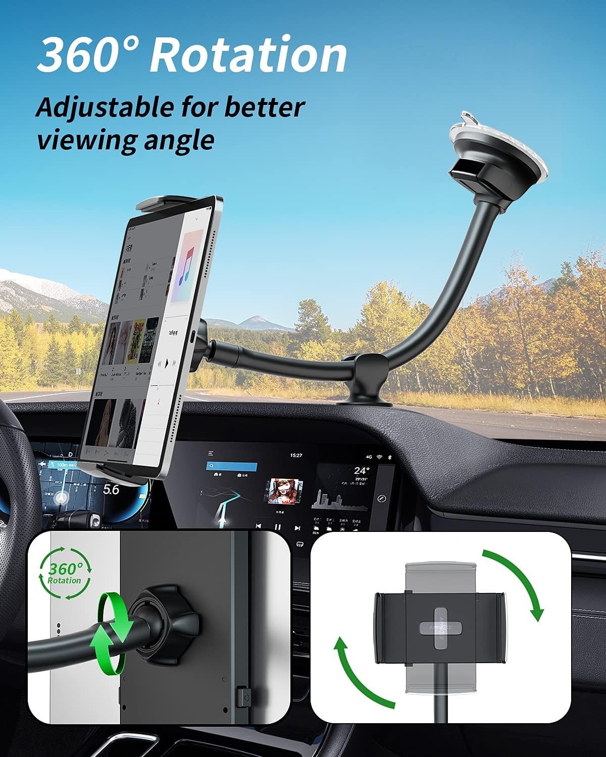 Flexible Gooseneck Tablet Mount for Car SUV Windshield Dashboard Black