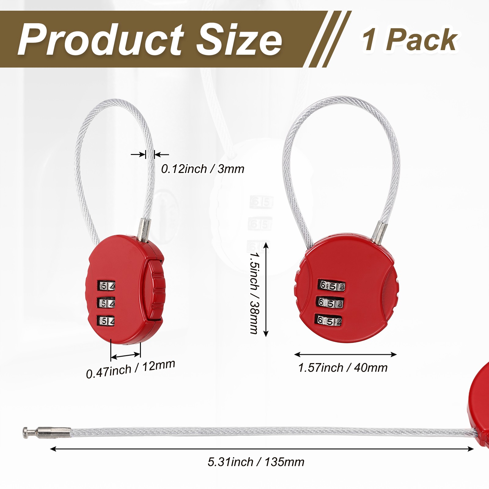 1-Pack Combination Padlock, 3 Digit Round Shaped Cable Luggage Lock [Red]