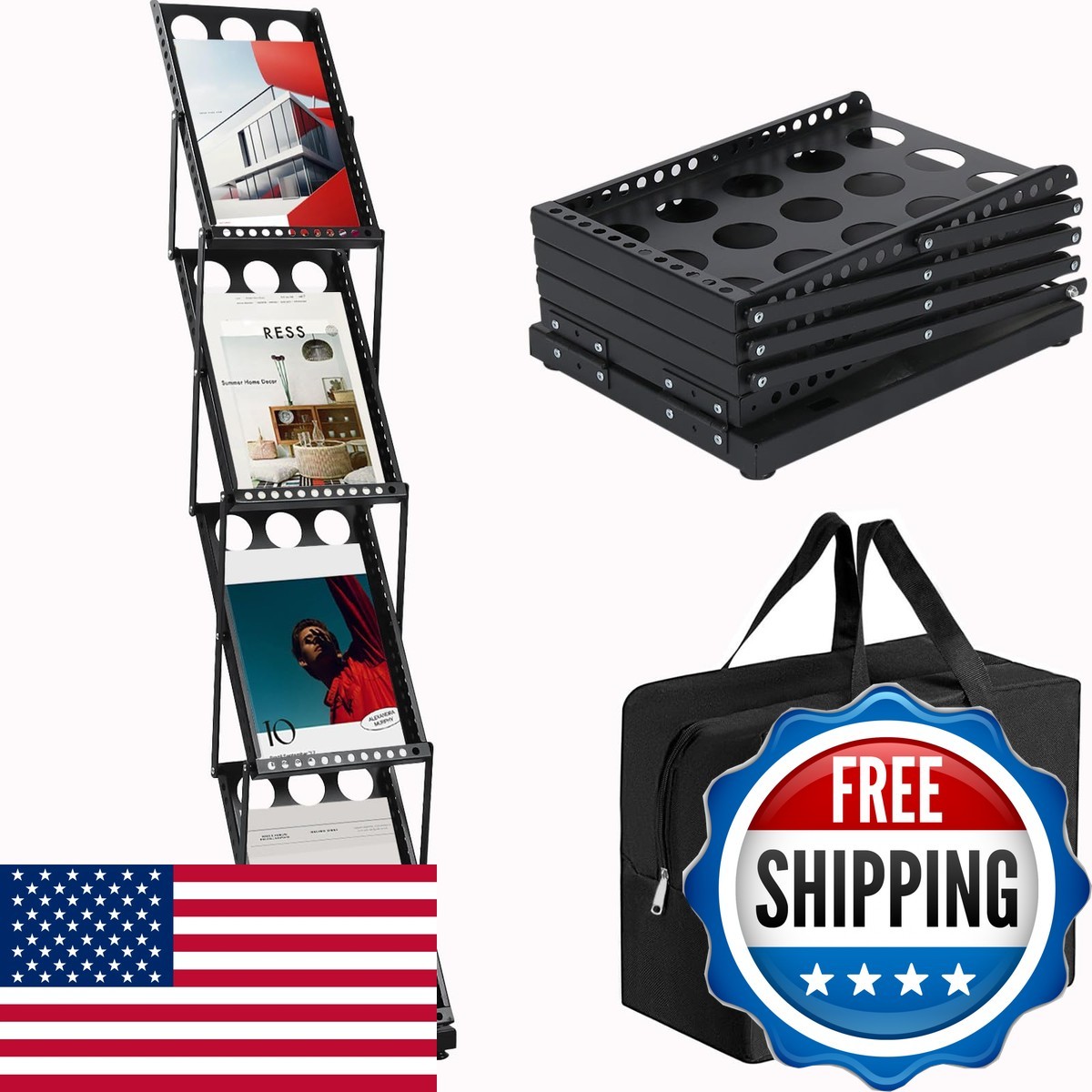 ZLDYPINK 4 Pocket Foldable Metal Brochure Display Stand Magazine Rack, Black