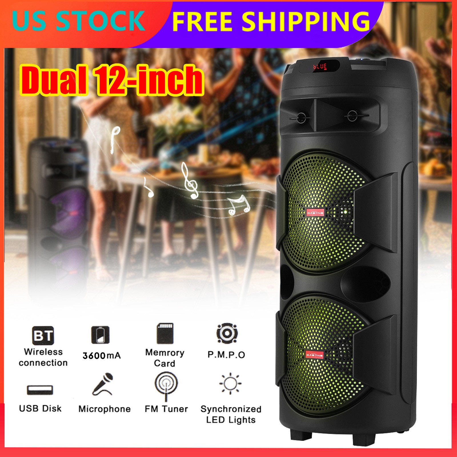 Dual 12" Woofer Portable FM Bluetooth Party Speaker Heavy Bass Sound With Mic