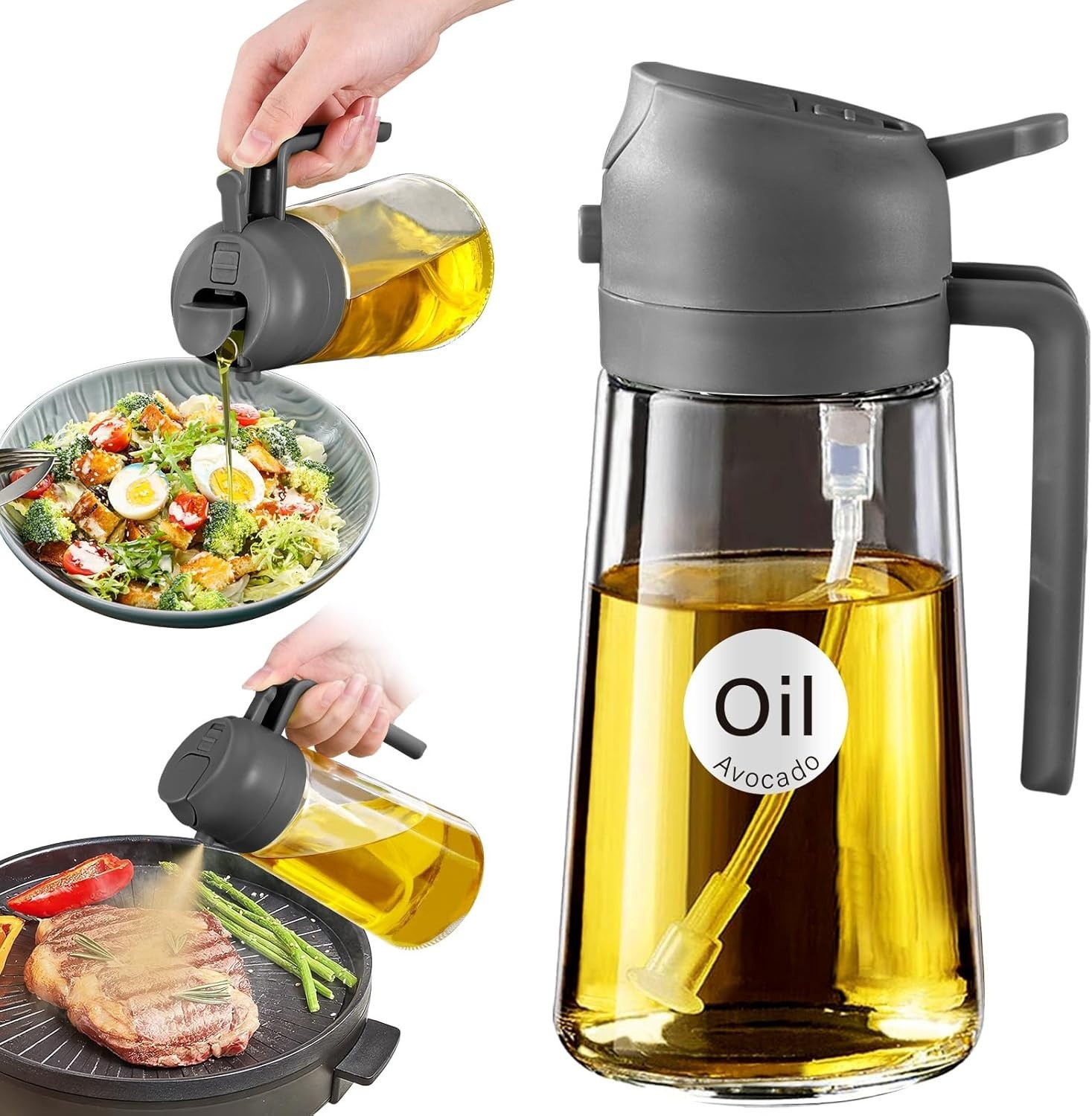 (Gray)16oz Oil Sprayer for Cooking with Stickers,Premium 2 in 1Dispenser Bottle