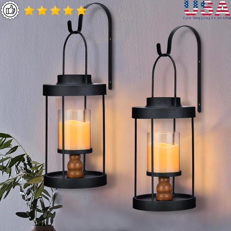 Set of 2 Wall Sconces W/ Flickering LED Candles Timer Function Black Metal New