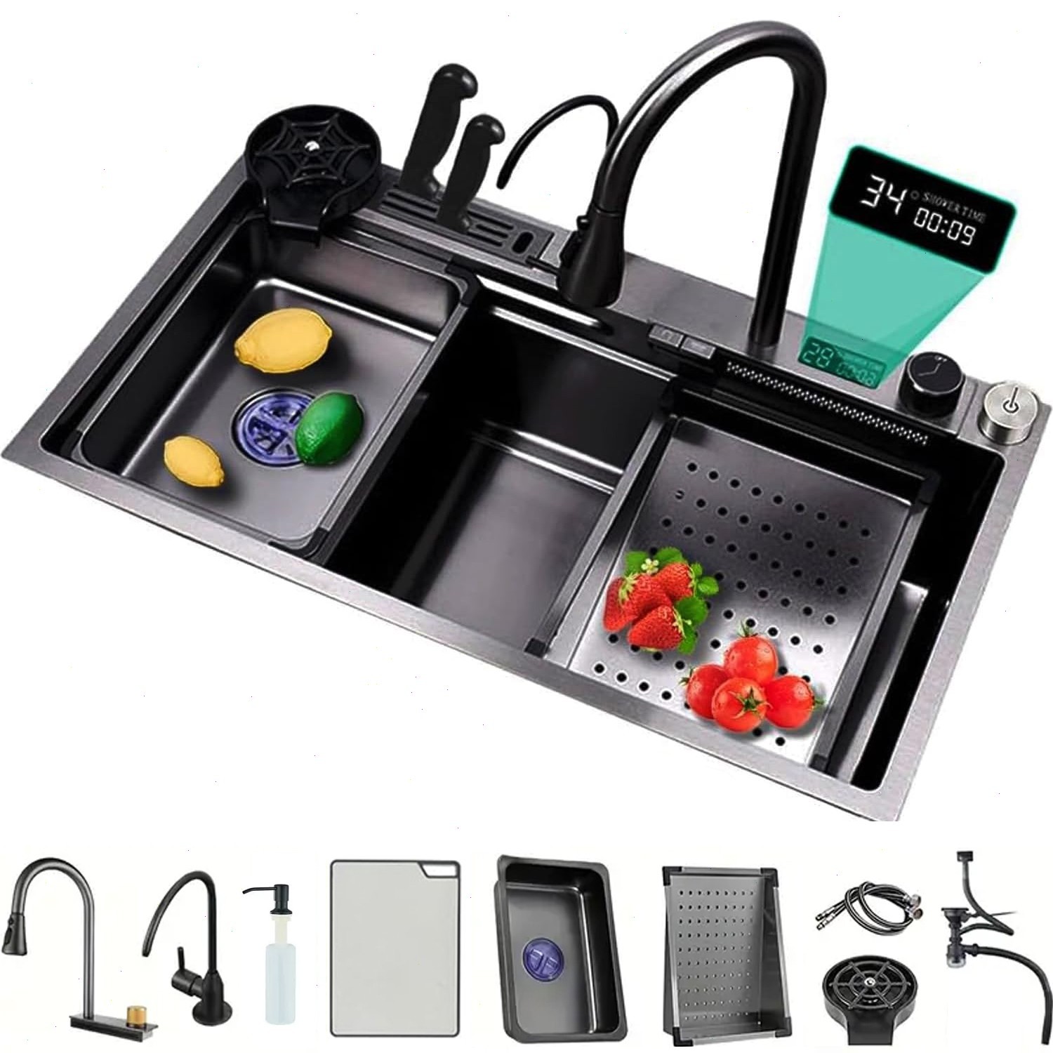 29.5 * 17.7in Black Smart Single Bowl Sink Kitchen Sink with LED Digital Display