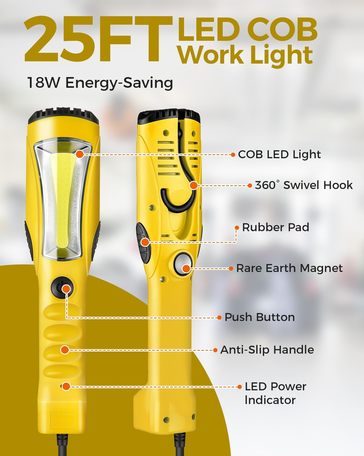 18W LED Work Light, 25FT 2000LM COB LED Light, Handheld Underhood Trouble Lig...