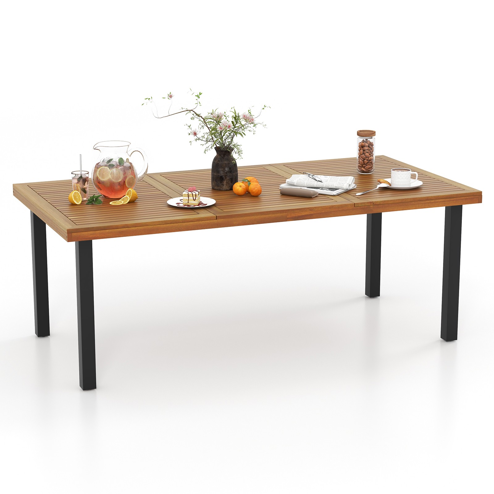 8-Person Dining Table 79" w/ 1.9" Umbrella Hole Acacia Wood Adjustable Foot Pads