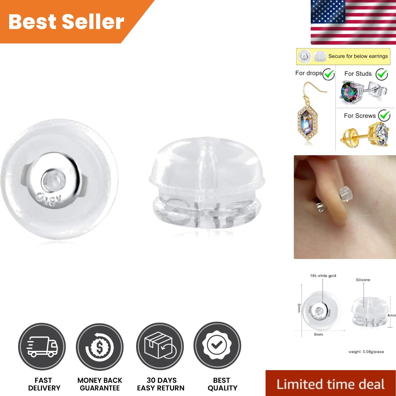 Hypoallergenic Silicone Earring Backings with 14K White Gold for Sensitive Skin